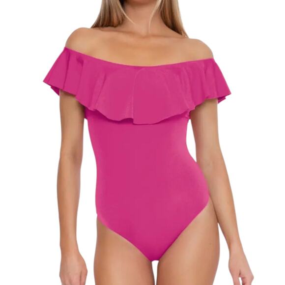 New Trina Turk Monaco Off the Shoulder Ruffle One-Piece Swimsuit pink size 20 - Picture 1 of 6